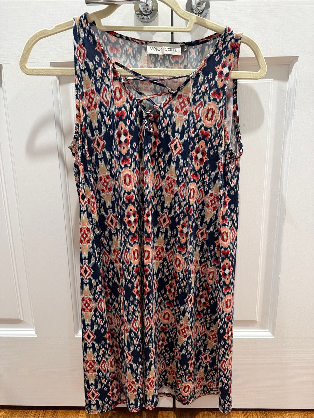 Veronica M Navy Red Cream Patterned Sleeveless Dress